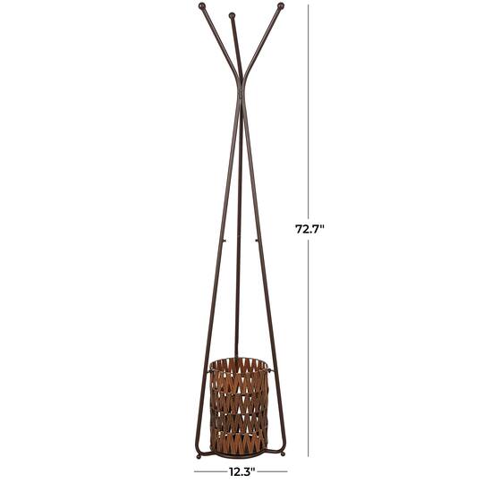 6ft. Brown Metal Geometric 3-Hanger Coat Rack with Basket